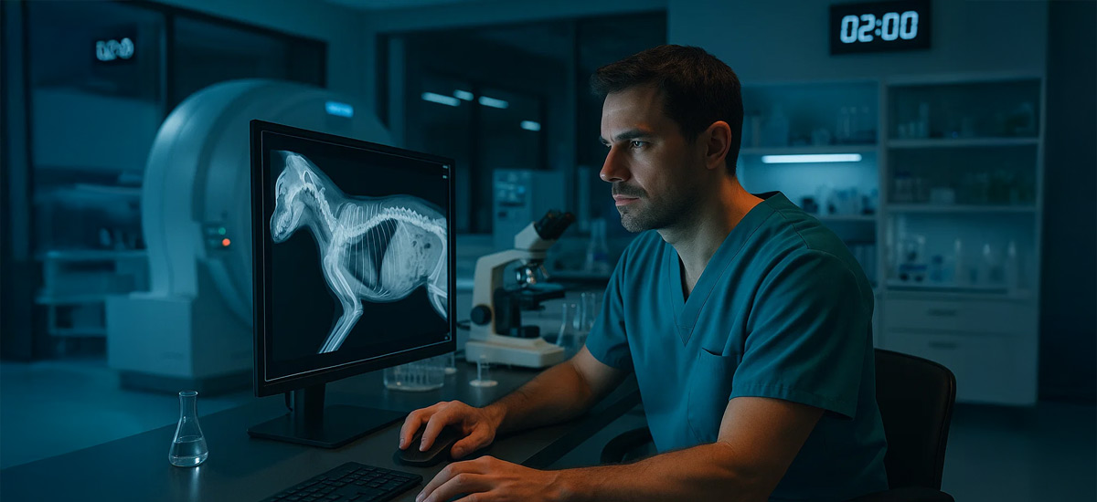 Médico veterinário usando computador para analisar raio-x de um pet