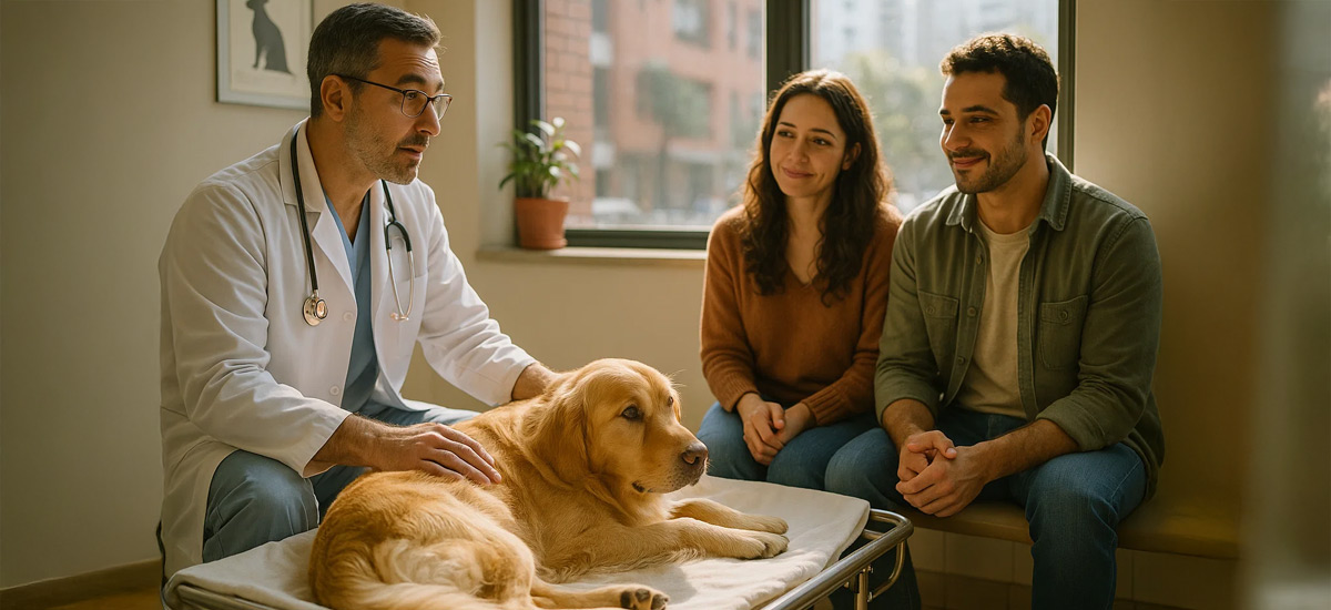 Médico veterinário agachado a explicar diagnostico de um cão para seus tutores