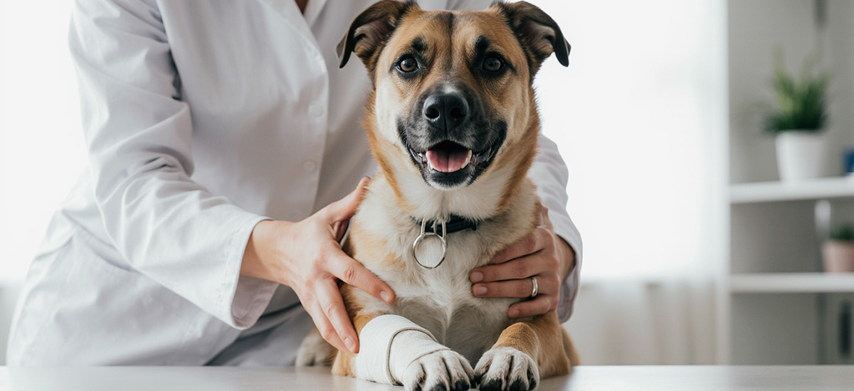 Tratamento para Fraturas em Cães: Cuidados Essenciais e Procedimentos 1 Cão com pata imobilizada, deitado sob mesa de uma clínica veterinária