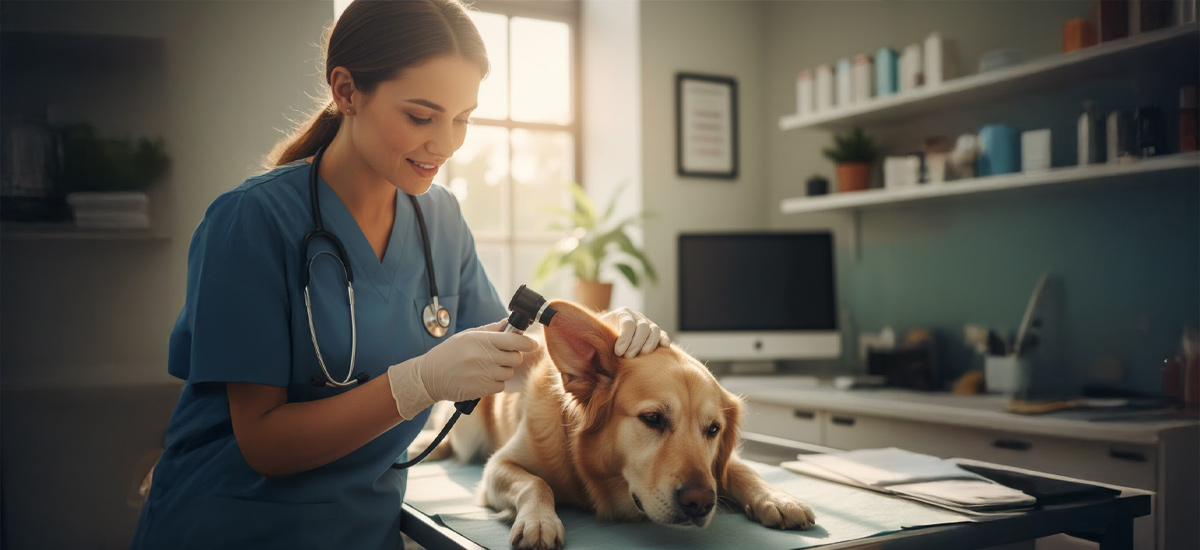 Drenagem de Hematomas em Pets 1 Uma veterinária examina cuidadosamente a orelha de um cão com inchaço, demonstrando atenção e profissionalismo durante a avaliação de um hematoma.