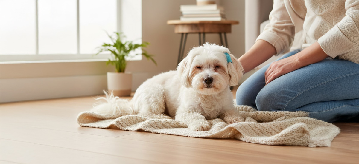 Drenagem de Hematomas em Pets 2 Um pequeno cão se recupera em casa após o tratamento, descansando confortavelmente com uma bandagem na orelha e o tutor ao lado oferecendo carinho.