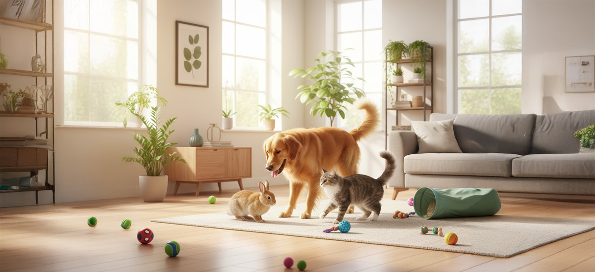 Drenagem de Hematomas em Pets 3 Um golden retriever, um gato e um coelho saudáveis brincam com segurança em um ambiente interno iluminado, representando prevenção e bem-estar animal.
