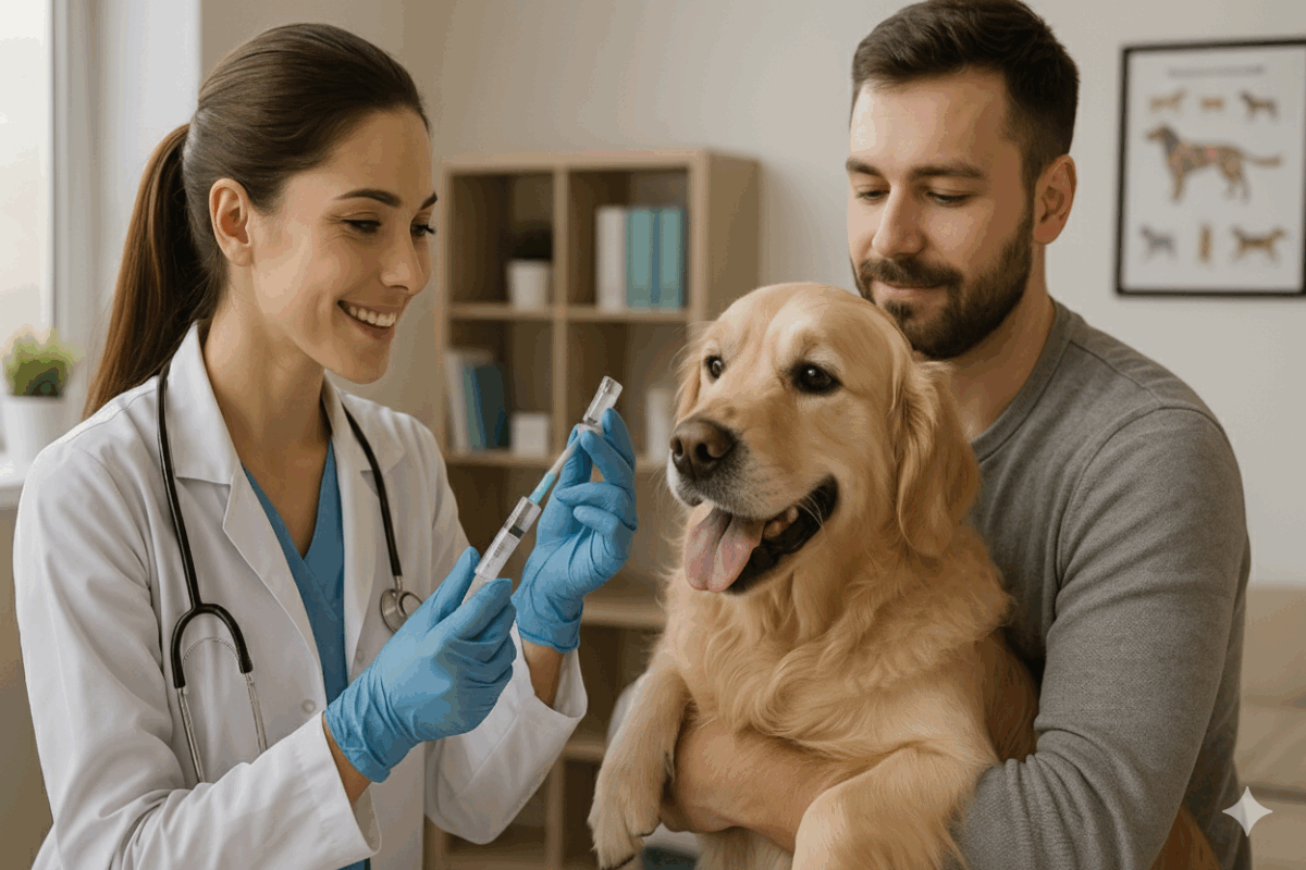 Vacina contra Giárdia - Uma veterinária está preparando a vacina para aplicar no Cão da Raça Golden em um consultório veterinário