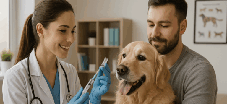 Vacina contra Giárdia - Uma veterinária está preparando a vacina para aplicar no Cão da Raça Golden em um consultório veterinário