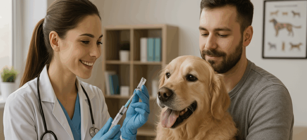 Vacina contra Giárdia - Uma veterinária está preparando a vacina para aplicar no Cão da Raça Golden em um consultório veterinário