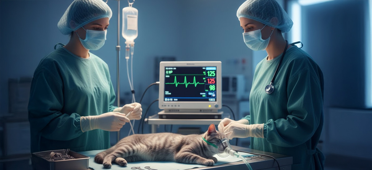 Anestesia Geral Veterinária Desmistificada 1 Equipe veterinária monitorando um gato sob anestesia em uma sala cirúrgica moderna, com equipamentos de controle de batimentos cardíacos.