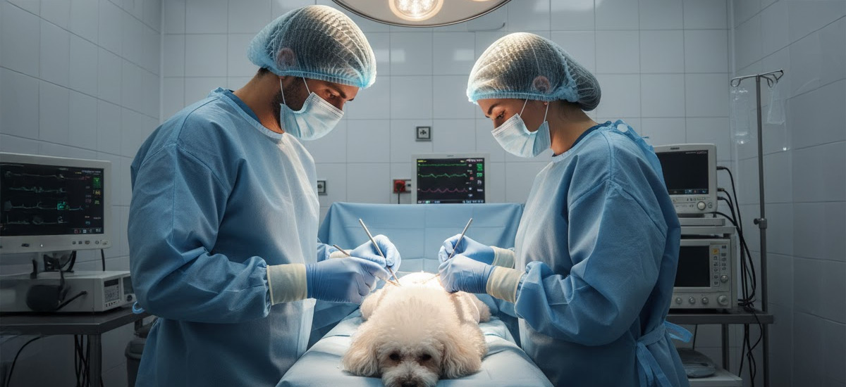 Cirurgia de Hérnia em Cães: Guia Completo para Tutores 1 Dois veterinários realizam uma cirurgia em um cachorro de pequeno porte em uma sala cirúrgica esterilizada, com iluminação intensa e equipamentos médicos modernos ao fundo.