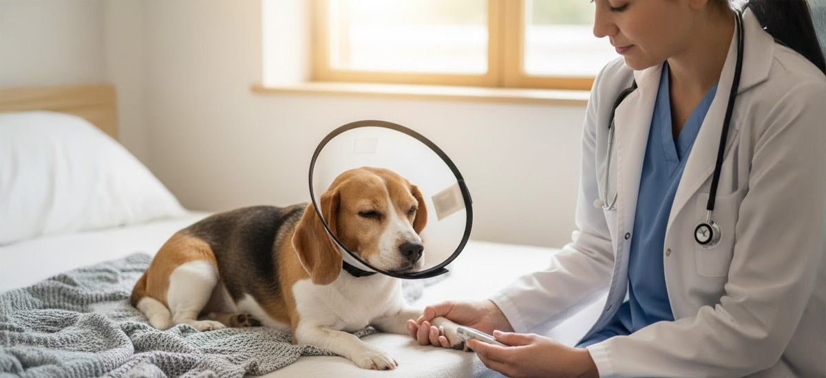 Cirurgia de Hérnia em Cães: Guia Completo para Tutores 2 Veterinária monitora um cachorro beagle com colar protetor, deitado sobre uma manta cinza em um ambiente acolhedor e bem iluminado, durante o período de recuperação.