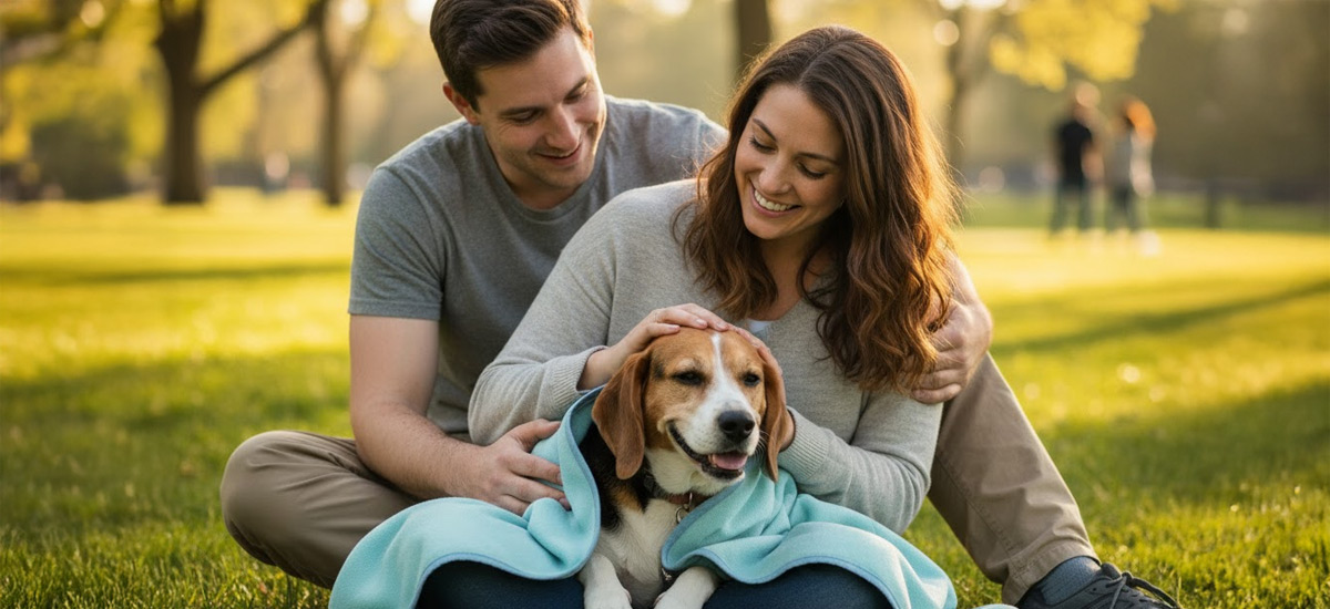 Cirurgia de Hérnia em Cães: Guia Completo para Tutores 3 Casal sentado na grama acaricia um cachorro coberto por um cobertor azul claro em um parque ensolarado, transmitindo alegria e bem-estar após a recuperação do pet.