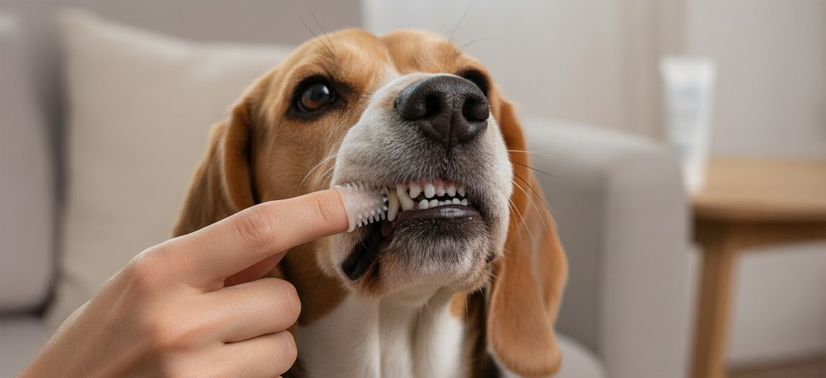 Tutor realizando a limpeza de dentes para cães com escova de dedo em um beagle calmo, dentro de casa, destacando os dentes limpos e saudáveis do animal.