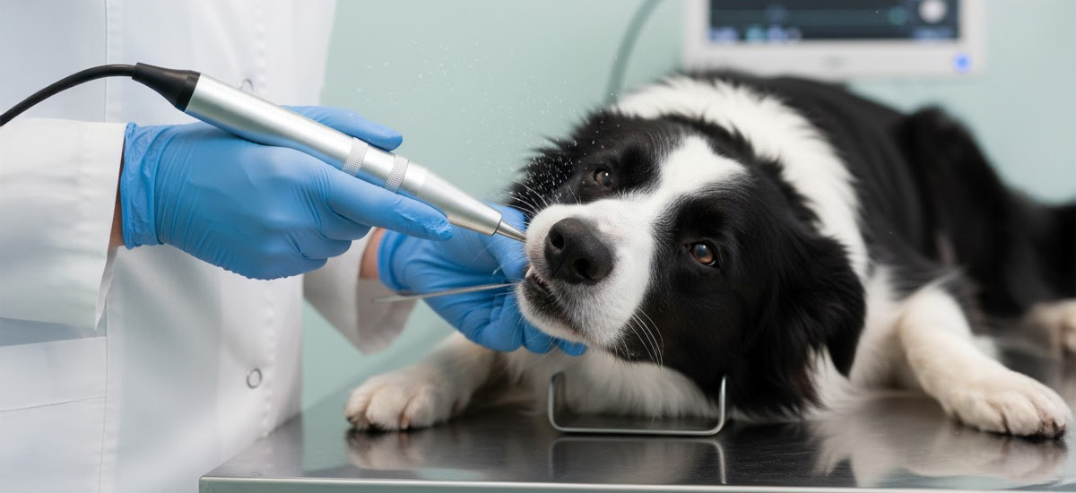 Veterinário realizando limpeza de dentes para cães com equipamento odontológico em um border collie deitado, ilustrando o cuidado profissional e seguro.