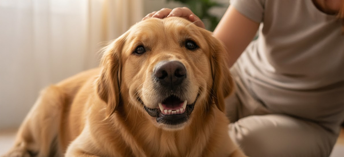 Golden retriever sorridente após limpeza de dentes para cães, recebendo carinho do tutor em ambiente doméstico iluminado, simbolizando saúde e prevenção.