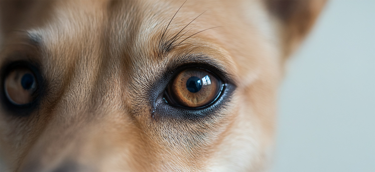 Consulta Oftalmológica para Cães: O Guia Completo 1 Macro do olho de um cão saudável, com córnea transparente e reflexo de luz de exame controlado.