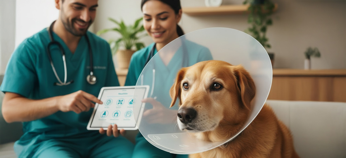 Consulta Oftalmológica para Cães: O Guia Completo 2 Cão sênior com colar elizabetano em recuperação, enquanto veterinária orienta o tutor sobre cuidados pós-operatórios.