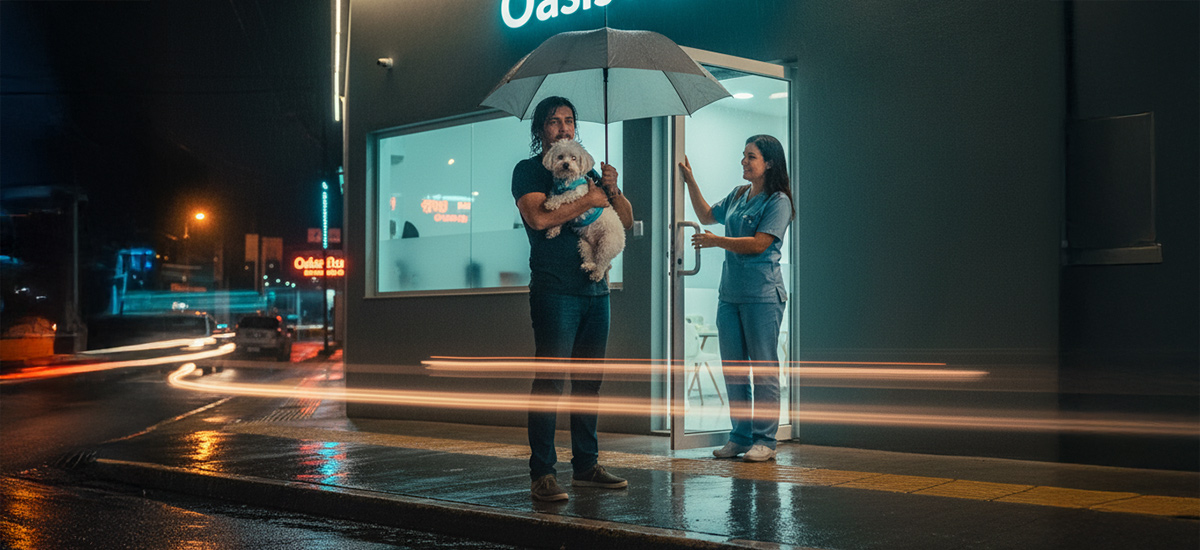 Consulta Oftalmológica para Cães: O Guia Completo 3 Tutor chega à clínica veterinária 24h com o cão e é recebido pela equipe em ambiente noturno e acolhedor.
