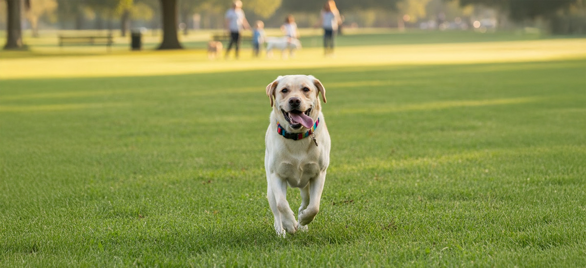 Vacinação Anual para Cães: Saúde Canina em Primeiro Lugar 1 Cachorro labrador correndo feliz em um parque verde e ensolarado, simbolizando a saúde e energia de um cão com a vacinação em dia.