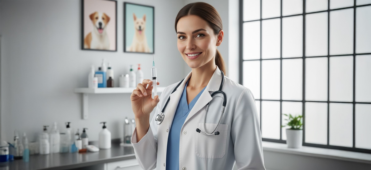 Vacinação Anual para Cães: Saúde Canina em Primeiro Lugar 2 Veterinária sorridente segurando seringa de vacina em clínica moderna, transmitindo confiança e profissionalismo nos cuidados com os cães.