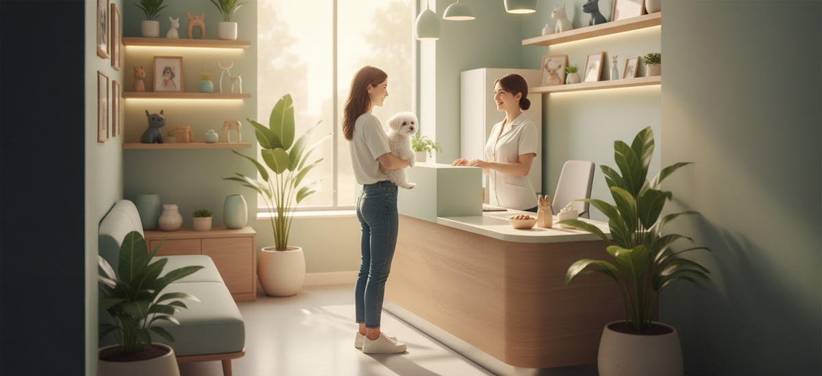 Vacinação Anual para Cães: Saúde Canina em Primeiro Lugar 3 Recepção de clínica veterinária com ambiente moderno e acolhedor, onde uma tutora chega com seu cãozinho para vacinação e cuidados preventivos