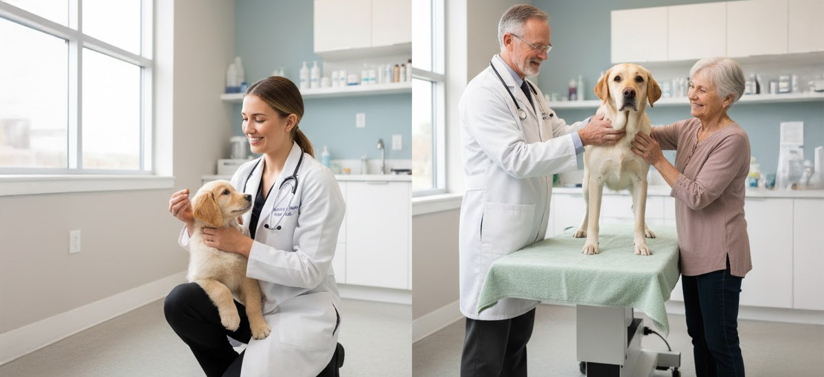 Montagem mostrando duas cenas: à esquerda, uma veterinária jovem examinando um filhote; à direita, um veterinário mais velho avaliando um cão adulto sobre a mesa, ao lado de uma tutora idosa sorridente. Ambos os ambientes são limpos e acolhedores.