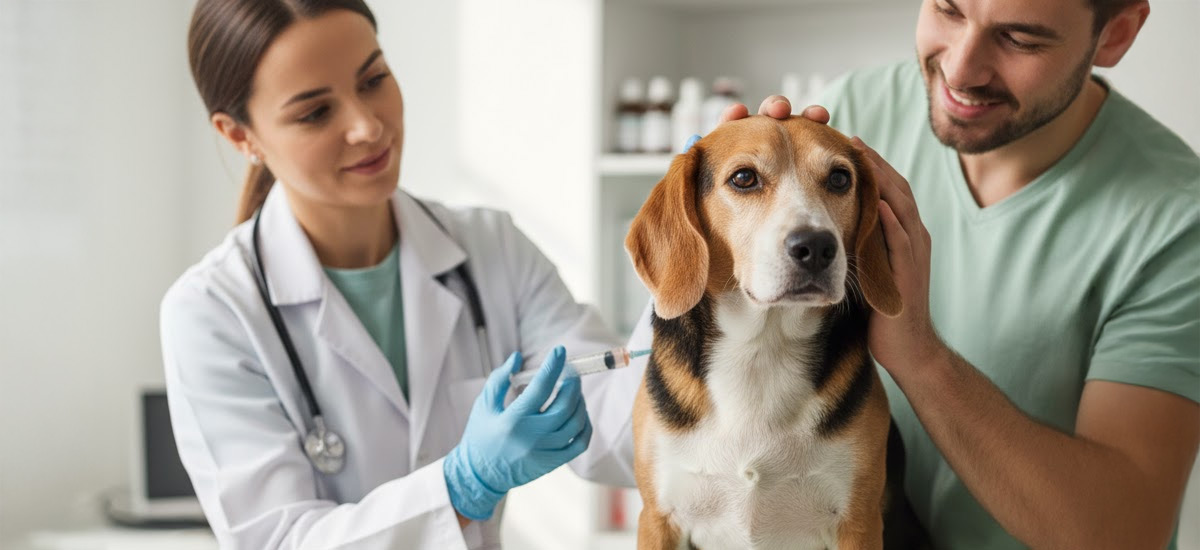Veterinária aplicando uma vacina em um cachorro da raça beagle enquanto o tutor o segura com carinho, em uma clínica veterinária moderna e bem iluminada.