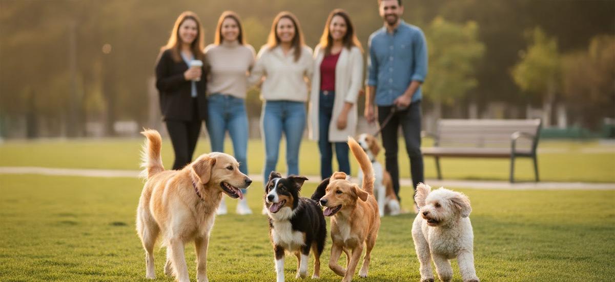 Grupo de cães de diferentes raças brincando em um gramado verde, com seus tutores ao fundo sorrindo e observando. A cena ocorre ao ar livre, em um parque durante o fim da tarde.