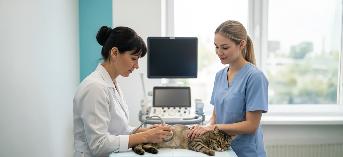 Duas veterinárias realizam um exame de ultrassom em um gato deitado calmamente na mesa da clínica, em um ambiente iluminado e moderno.