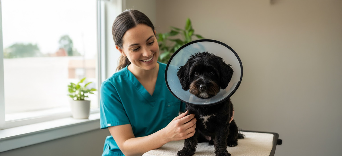 Veterinária sorri enquanto acompanha um pequeno cachorro de colar elizabetano, sentado sobre a mesa de exame em uma clínica veterinária iluminada.