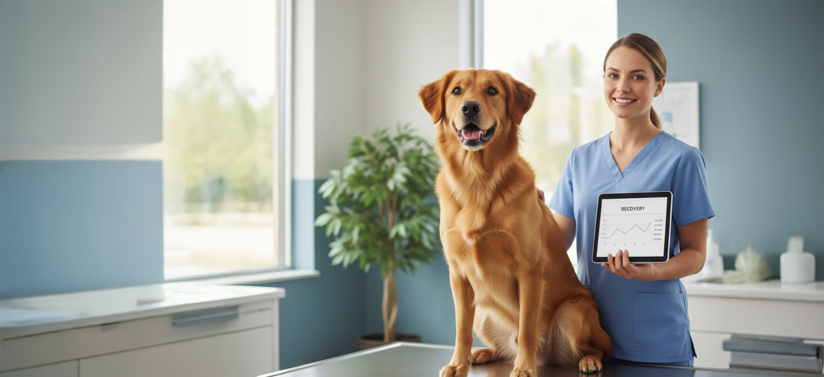 Veterinária segura um tablet mostrando dados de recuperação enquanto um cão saudável e feliz posa sobre a mesa da clínica veterinária.
