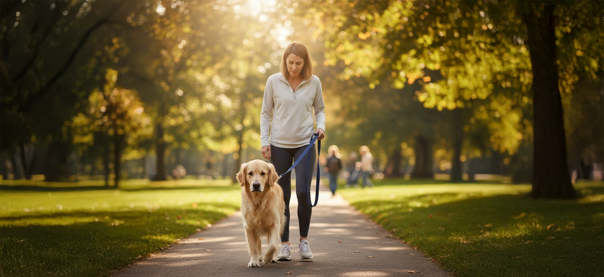 Mulher caminhando com seu cão em um parque, observando sinais de dificuldade ao andar, representando a importância de uma consulta ortopédica para cães.