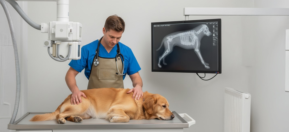 Veterinário realizando exame de raio-X em um cão deitado na mesa durante uma consulta ortopédica, com a imagem radiográfica exibida no monitor ao lado.