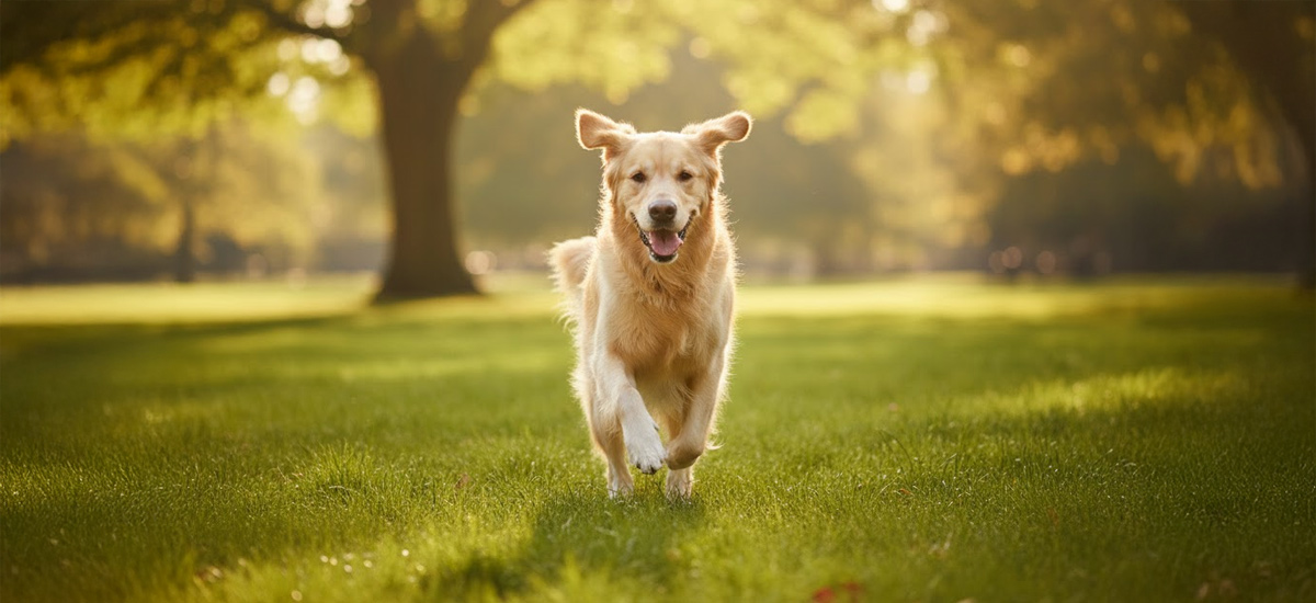 Cão correndo livre e feliz em um parque ensolarado após tratamento ortopédico bem-sucedido.