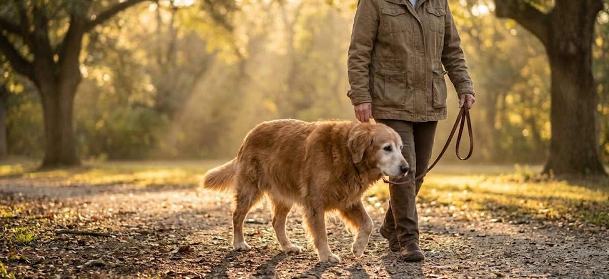 Cão idoso caminhando devagar ao lado do tutor em um parque durante o pôr do sol, com luz suave entre as árvores.