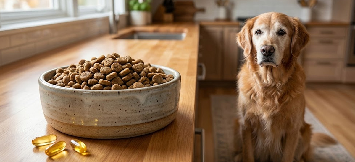 Cão idoso sentado na cozinha observando uma tigela cheia de ração ao lado de cápsulas de ômega-3 sobre a bancada de madeira.
