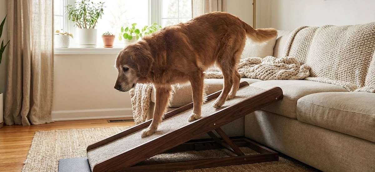 Cão idoso utilizando uma rampa acolchoada para subir no sofá em uma sala iluminada e aconchegante.