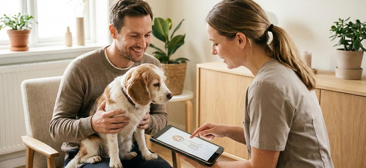 Tutor segurando seu cachorro no colo enquanto a veterinária mostra uma ilustração no tablet durante uma explicação na sala de consulta.