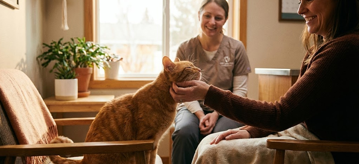 Gato ruivo recebendo carinho de sua tutora dentro de uma sala de atendimento, com a veterinária observando e sorrindo ao fundo.