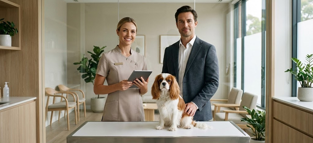 Veterinária sorrindo ao lado de um tutor enquanto um cão de pequeno porte está sobre a mesa de consulta em uma clínica moderna e bem iluminada.