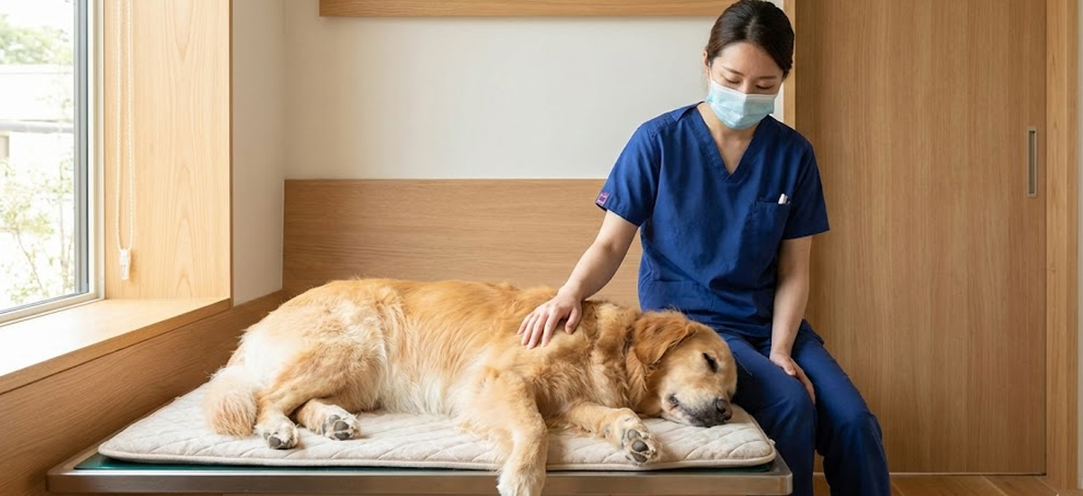 Cachorro deitado calmamente em uma mesa acolchoada próximo à janela, enquanto uma veterinária de máscara o observa atentamente e o mantém confortável durante a sedação.
