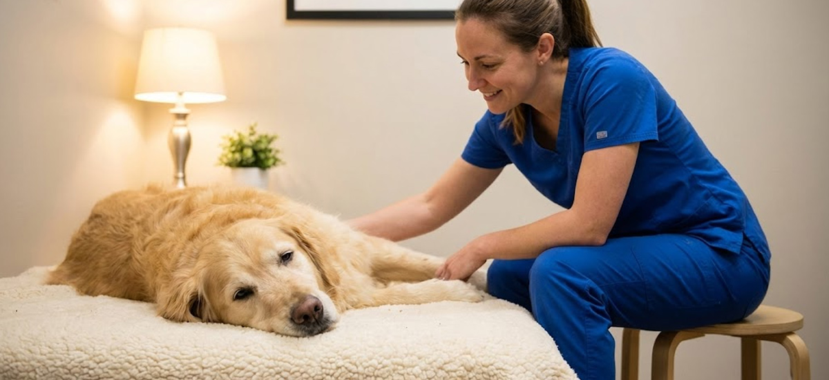 Cachorro grande deitado e sonolento em uma cama macia dentro da clínica, enquanto uma veterinária sorri e o acaricia com cuidado durante a recuperação da sedação.