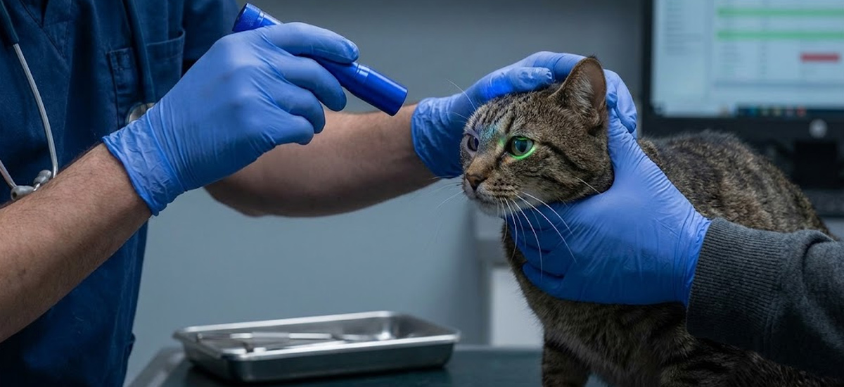 Gato sendo segurado cuidadosamente por profissionais enquanto recebe iluminação azul no olho com fluoresceína para avaliação ocular.