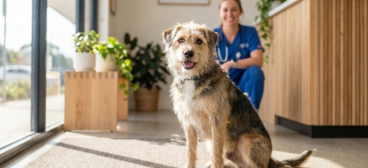 Cão sentado na receção de uma clínica veterinária iluminada, olhando para a câmera com expressão alegre, enquanto uma veterinária ao fundo sorri.