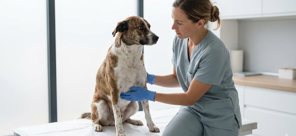 Veterinária examinando um cão de porte médio sobre a mesa da clínica, com as mãos apoiadas no tórax do animal.