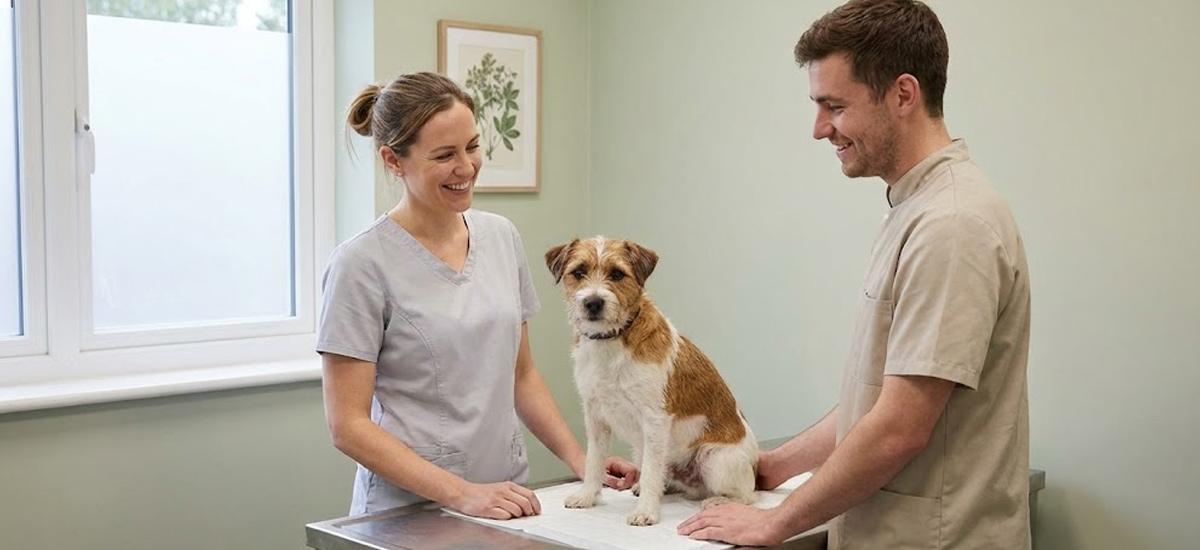 Dois profissionais veterinários sorrindo enquanto um cão pequeno está sentado sobre a mesa de atendimento.
