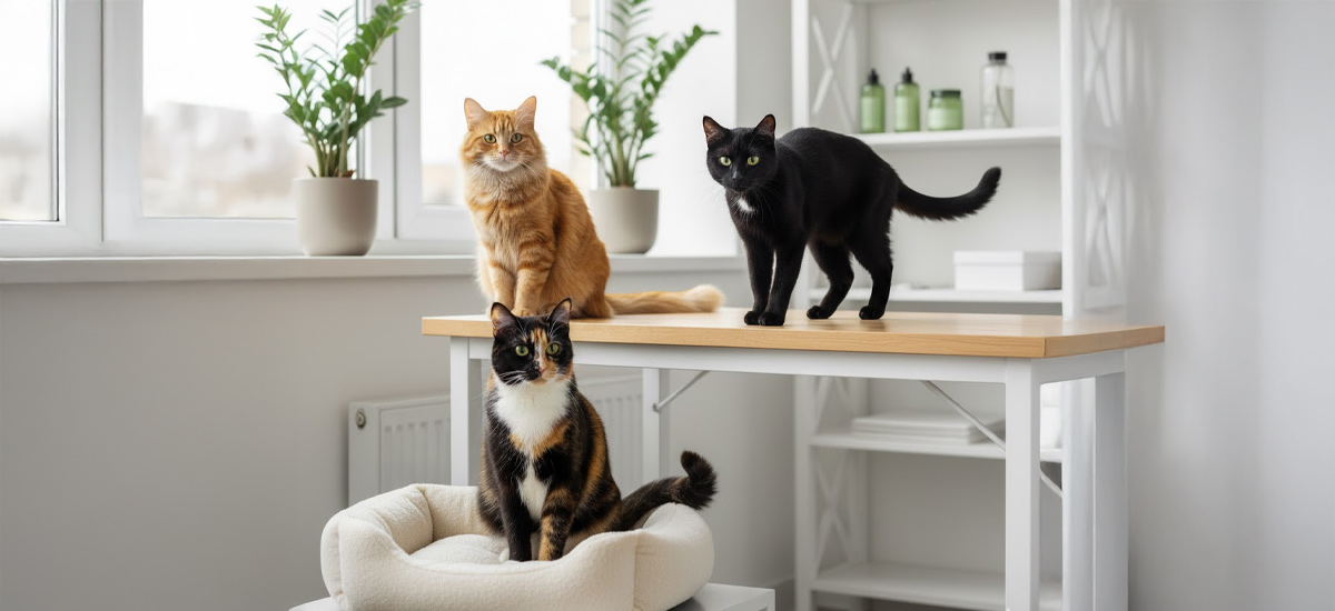Três gatos saudáveis — um preto, um laranja e um tricolor — em ambiente interno iluminado, simbolizando a proteção oferecida pela vacina tríplice para gatos.