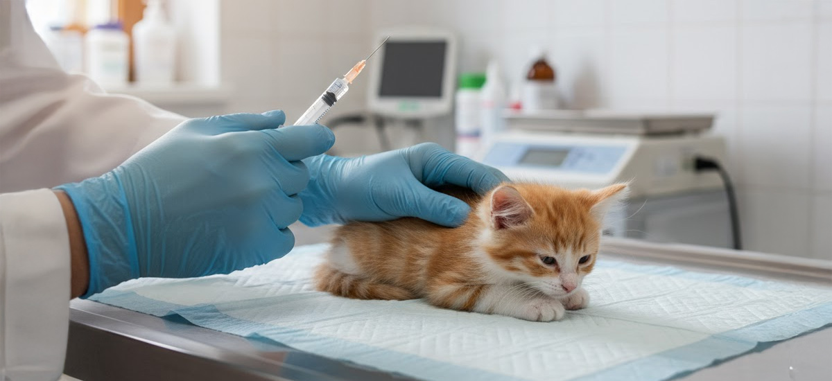 Veterinário aplicando vacina em um filhote de gato laranja sobre a mesa de exame, ilustrando o momento da aplicação da vacina tríplice para gatos.