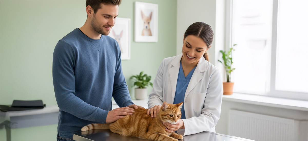 Tutor e veterinária sorrindo enquanto examinam um gato laranja em clínica moderna, representando o cuidado e acompanhamento após a vacina tríplice para gatos.