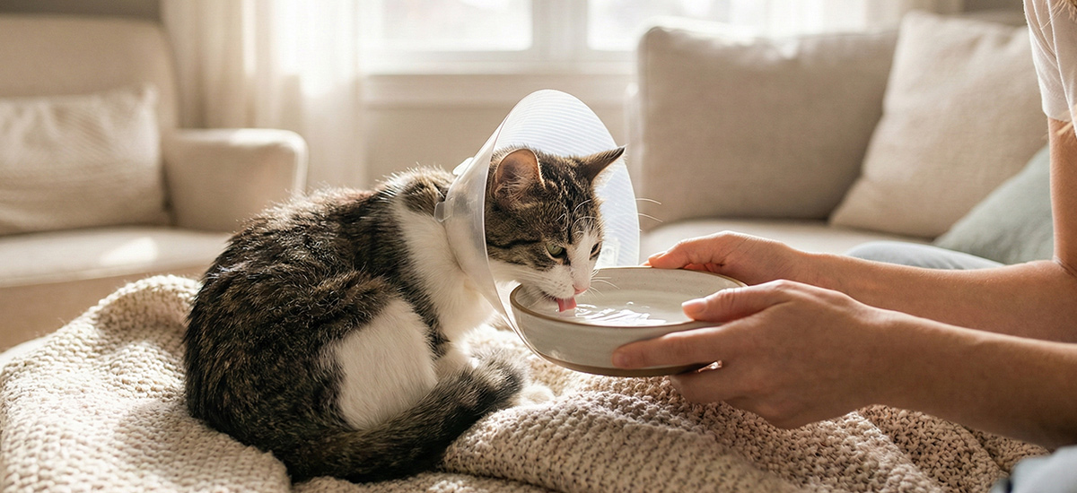 Gato usando colar elizabetano se alimentando com ajuda do tutor durante recuperação pós-cirúrgica.