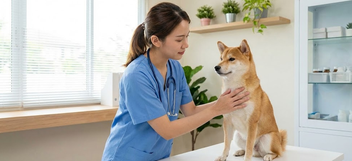 Shiba Inu sentado na mesa de consulta enquanto recebe avaliação da veterinária, em ambiente limpo e profissional.