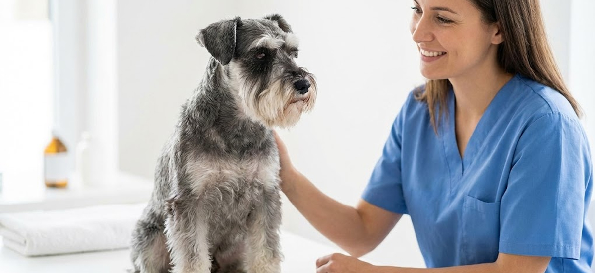 Schnauzer sendo examinado por uma veterinária em clínica iluminada, simbolizando atenção e cuidado com a saúde do pet.