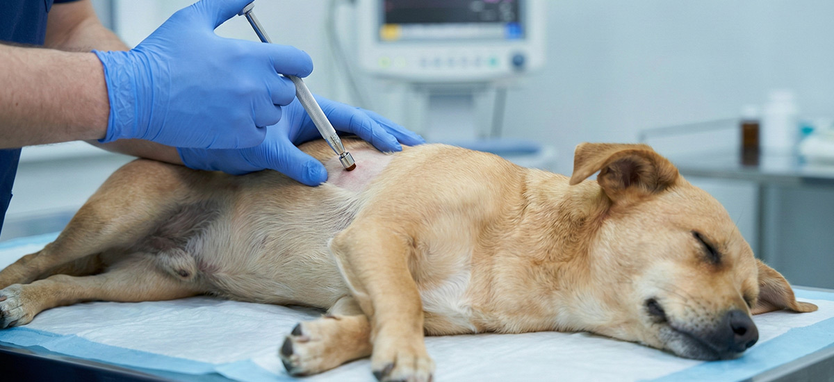 Veterinário realizando biópsia de pele em cão sedado, procedimento seguro para diagnóstico de doenças dermatológicas em pets.